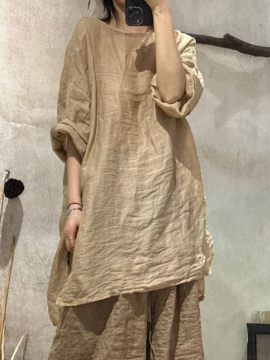 女士夏季純色藝術圓領苧麻襯衫