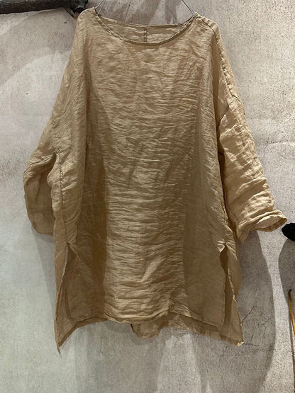 女士夏季純色藝術圓領苧麻襯衫