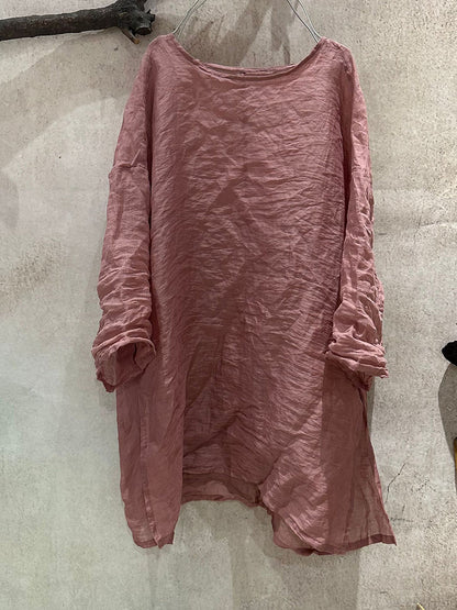 女士夏季純色藝術圓領苧麻襯衫