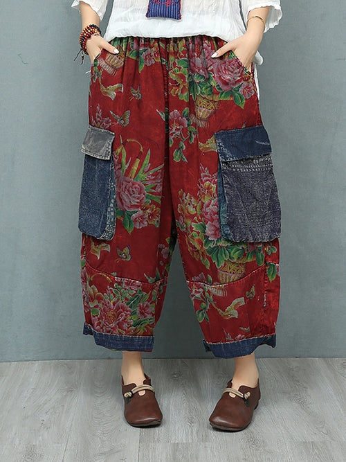女士夏季復古花朵拼布哈倫褲