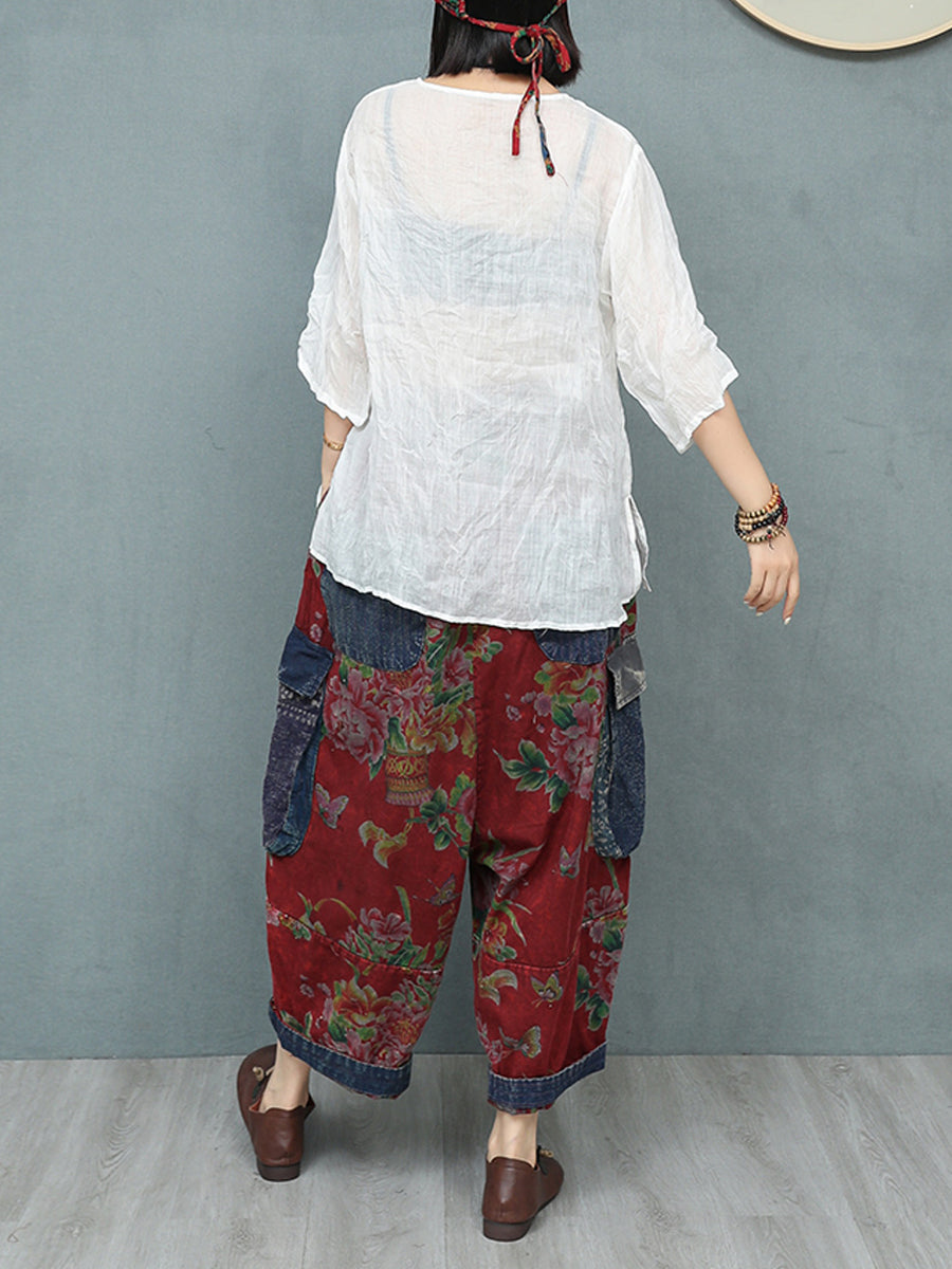 女士夏季復古花朵拼布哈倫褲