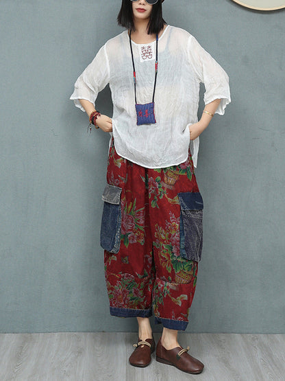 女士夏季復古花朵拼布哈倫褲