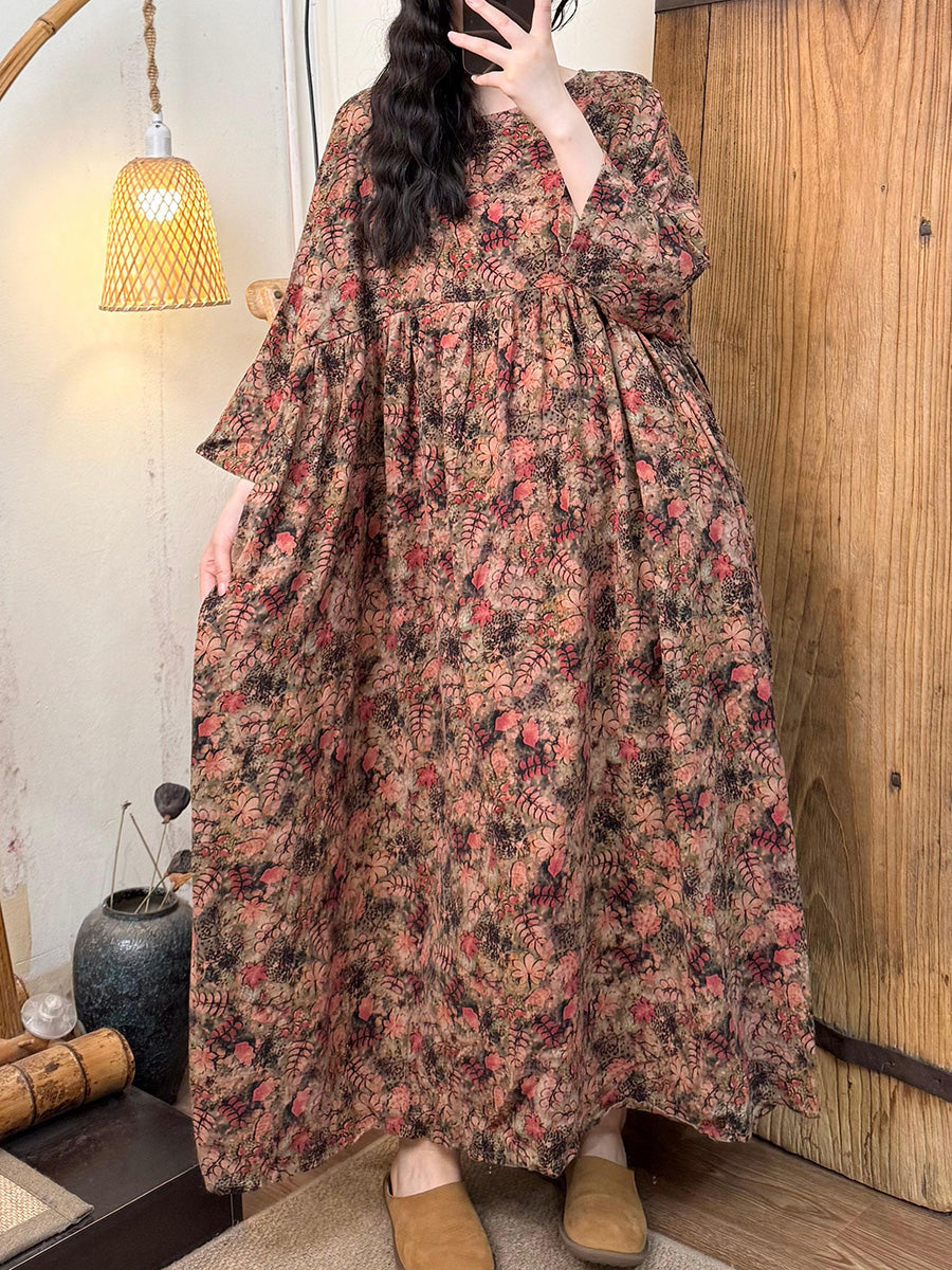 女士夏季藝術花朵圓領棉質連身裙
