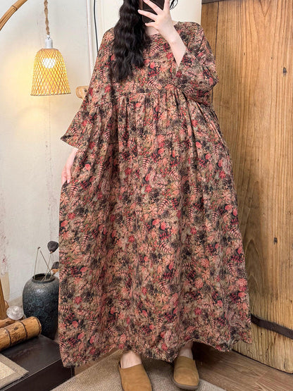 女士夏季藝術花朵圓領棉質連身裙