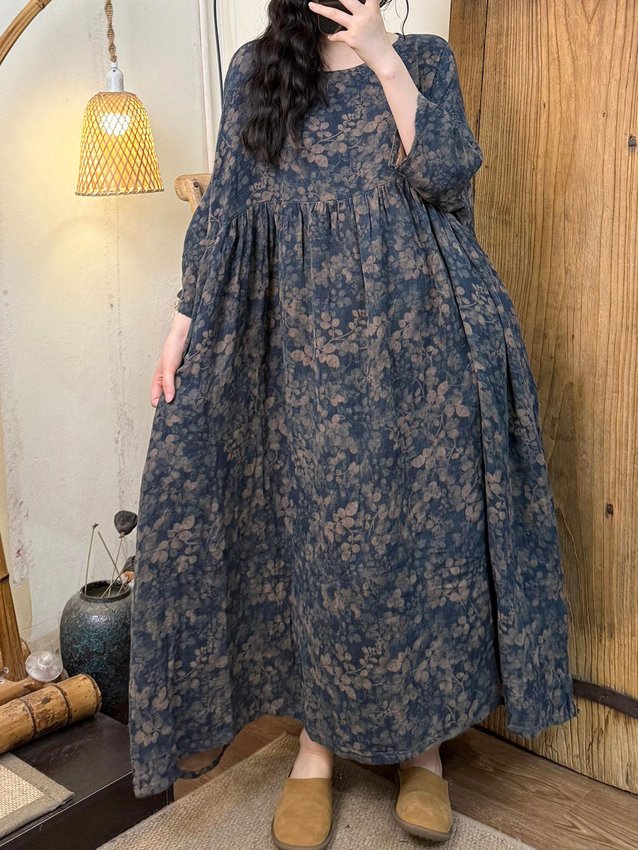 女士夏季藝術花朵圓領棉質連身裙