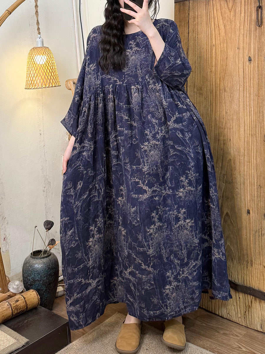 女士夏季藝術花朵圓領棉質連身裙