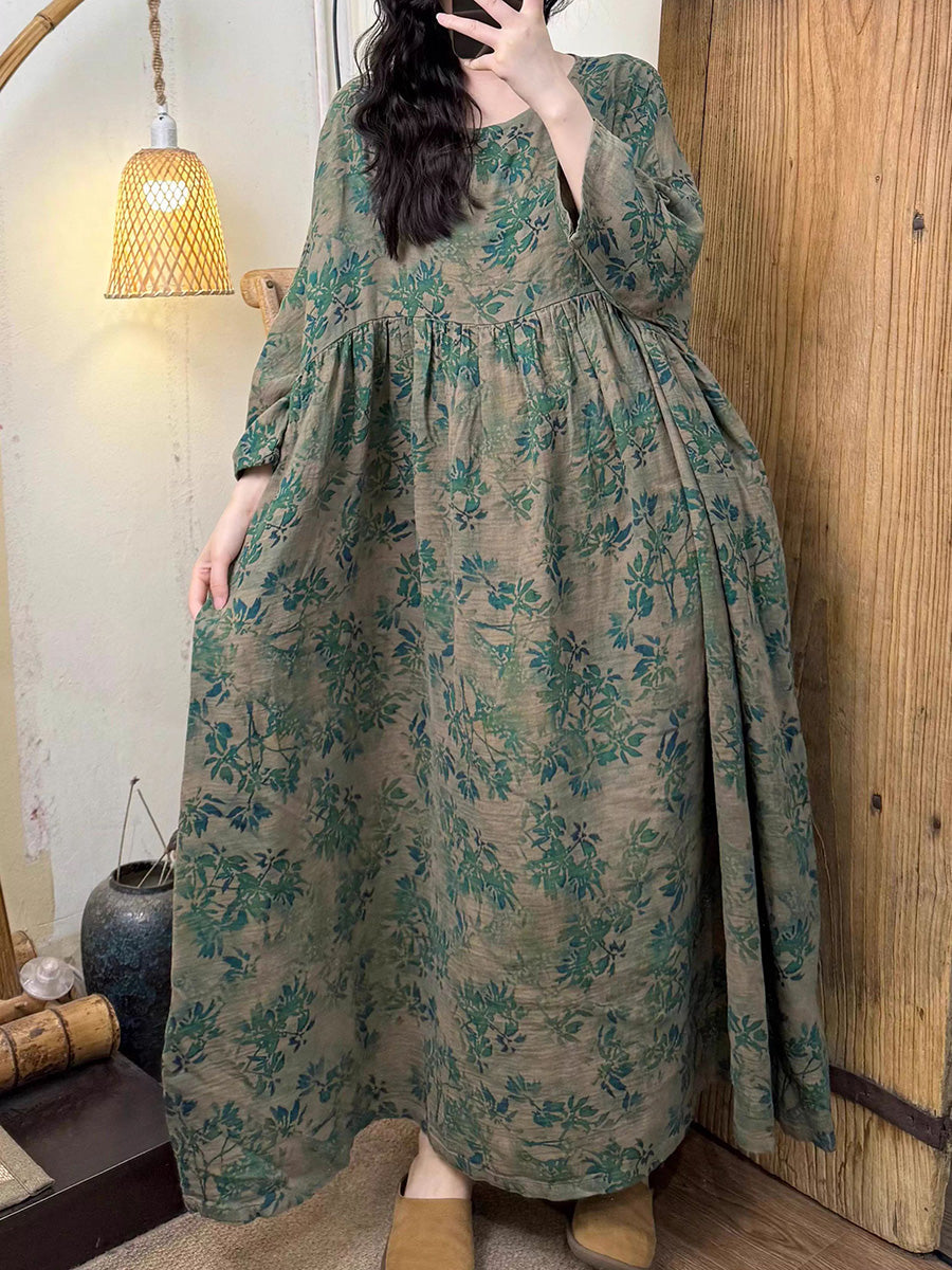 女士夏季藝術花朵圓領棉質連身裙