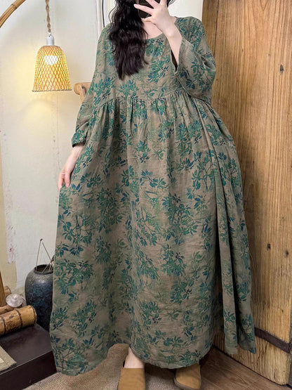 女士夏季藝術花朵圓領棉質連身裙