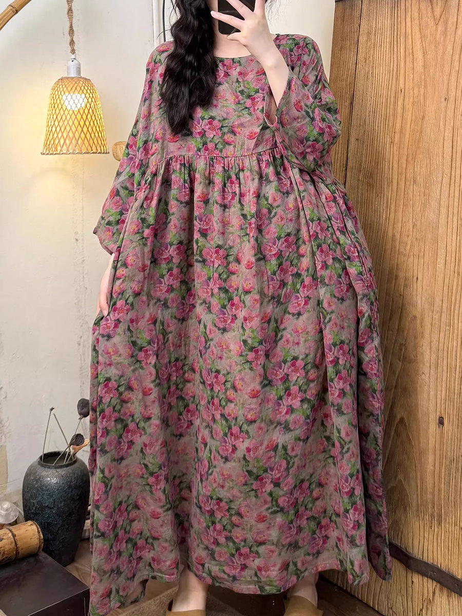 女士夏季藝術花朵圓領棉質連身裙
