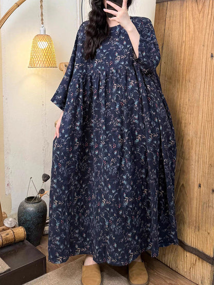女士夏季藝術花朵圓領棉質連身裙
