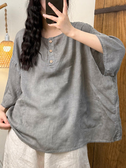 女士夏季復古純色圓領亞麻襯衫