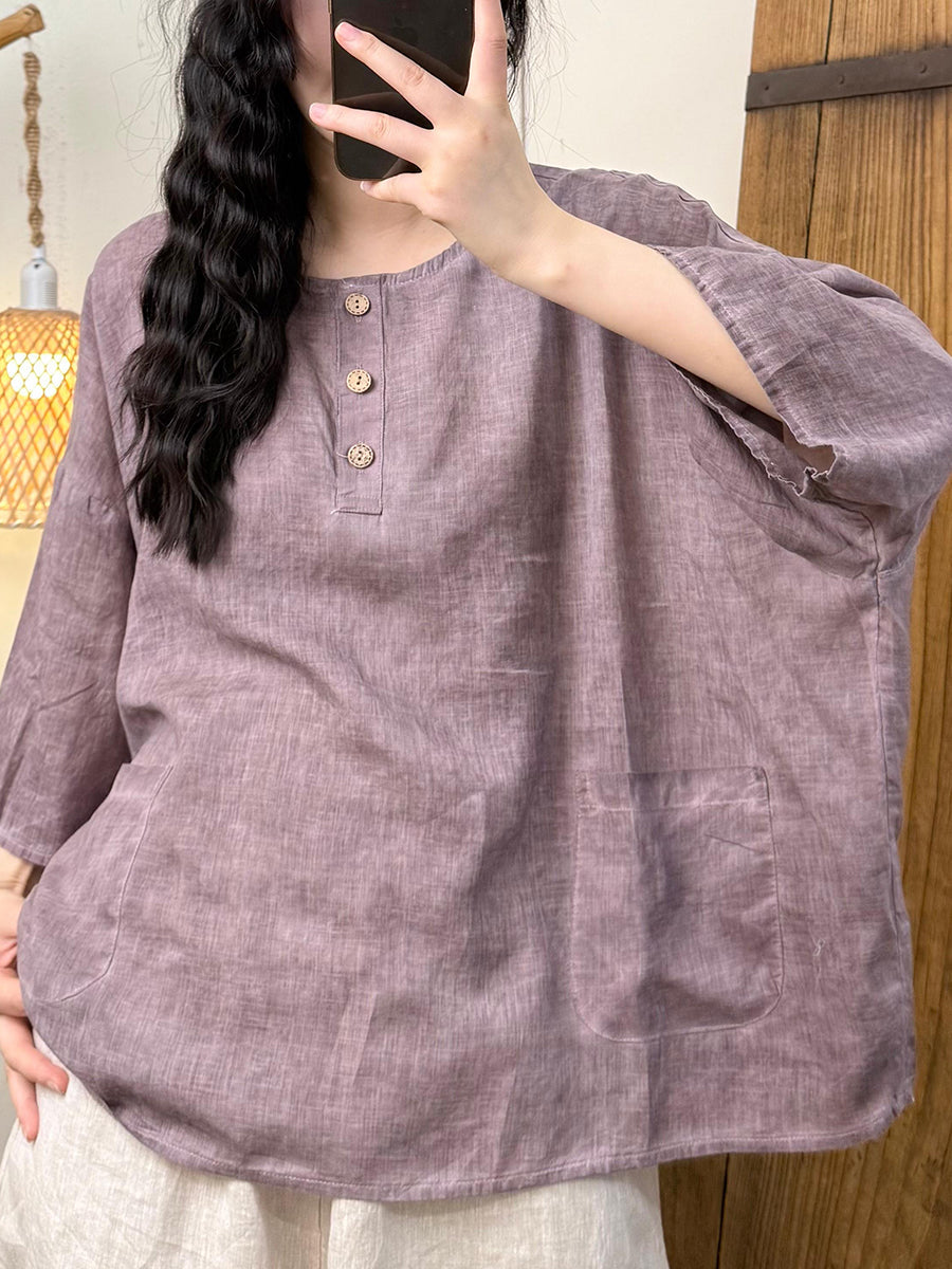 女士夏季復古純色圓領亞麻襯衫