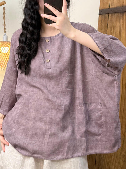 女士夏季復古純色圓領亞麻襯衫