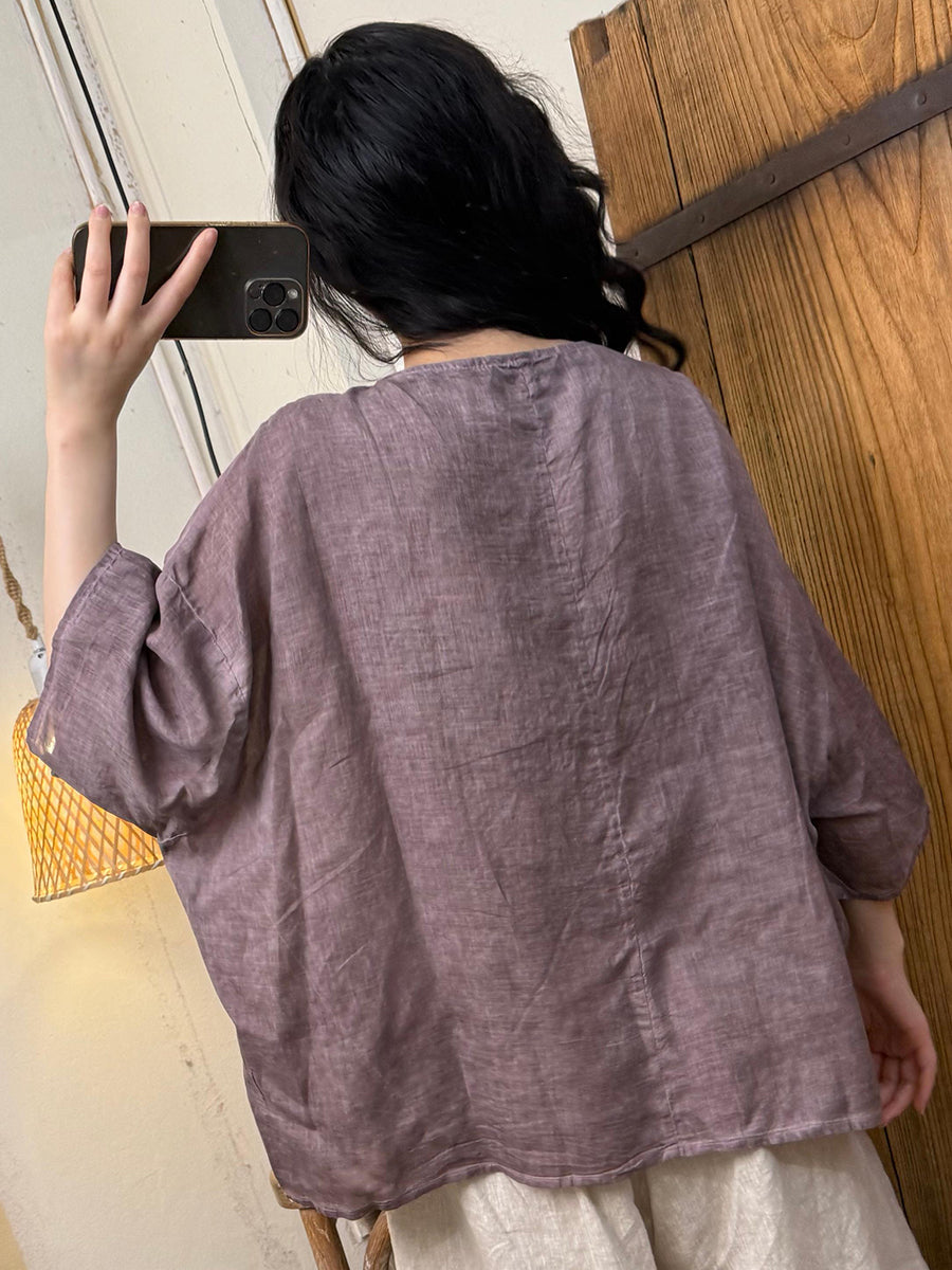 女士夏季復古純色圓領亞麻襯衫