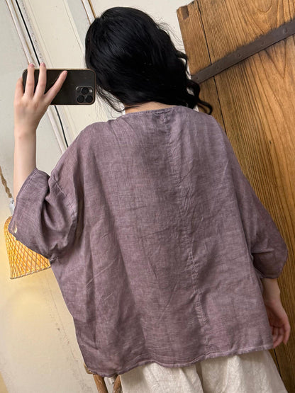 女士夏季復古純色圓領亞麻襯衫