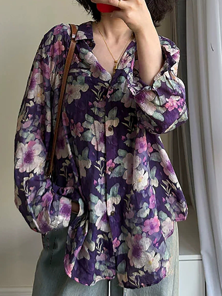 女款夏季藝術花卉 V 領長袖襯衫