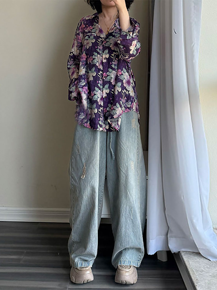 女款夏季藝術花卉 V 領長袖襯衫