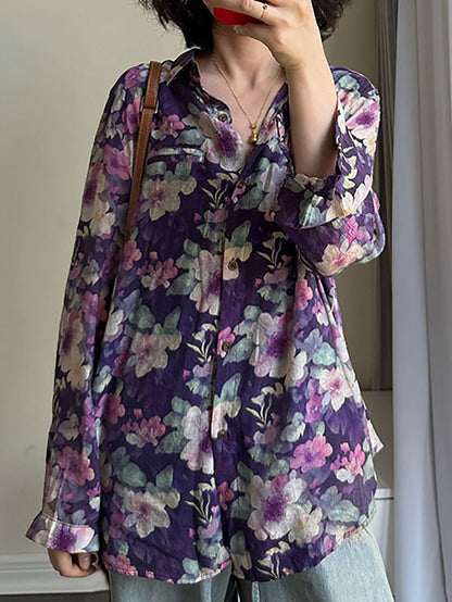 女款夏季藝術花卉 V 領長袖襯衫