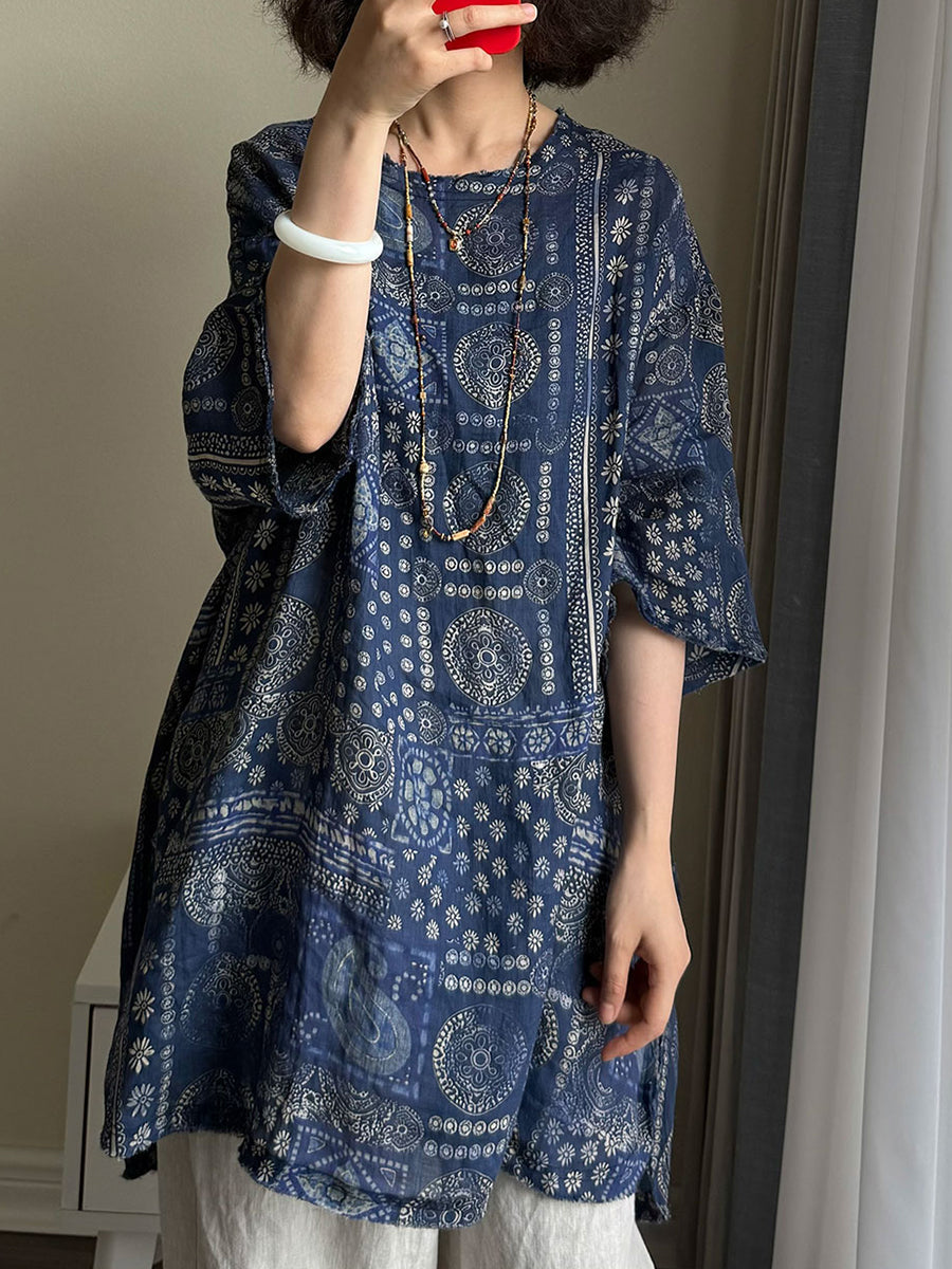 女士夏季復古花朵圓領 100% Raime 襯衫