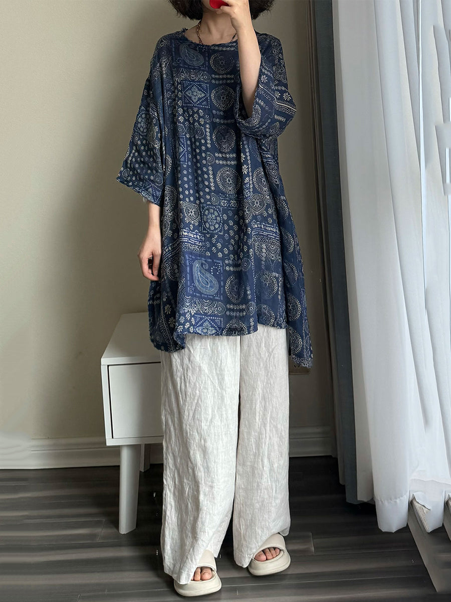 女士夏季復古花朵圓領 100% Raime 襯衫