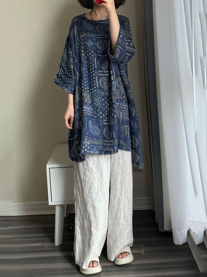 女士夏季復古花朵圓領 100% Raime 襯衫