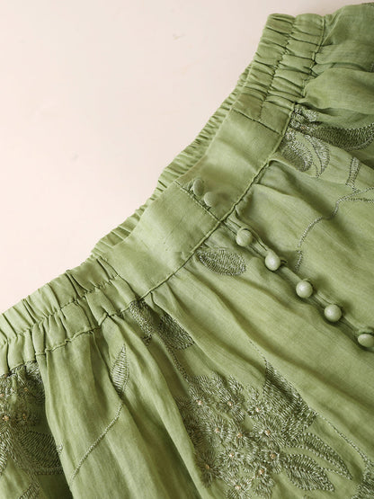 女士夏季藝術花卉刺繡純苧麻半身裙