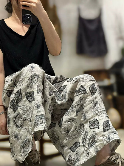女士夏季復古印花亞麻寬腿短褲