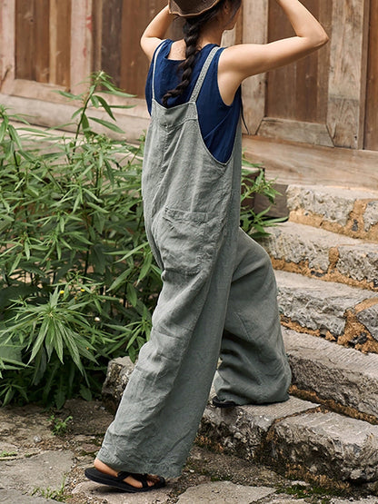 女士夏季復古純色100%麻連身褲