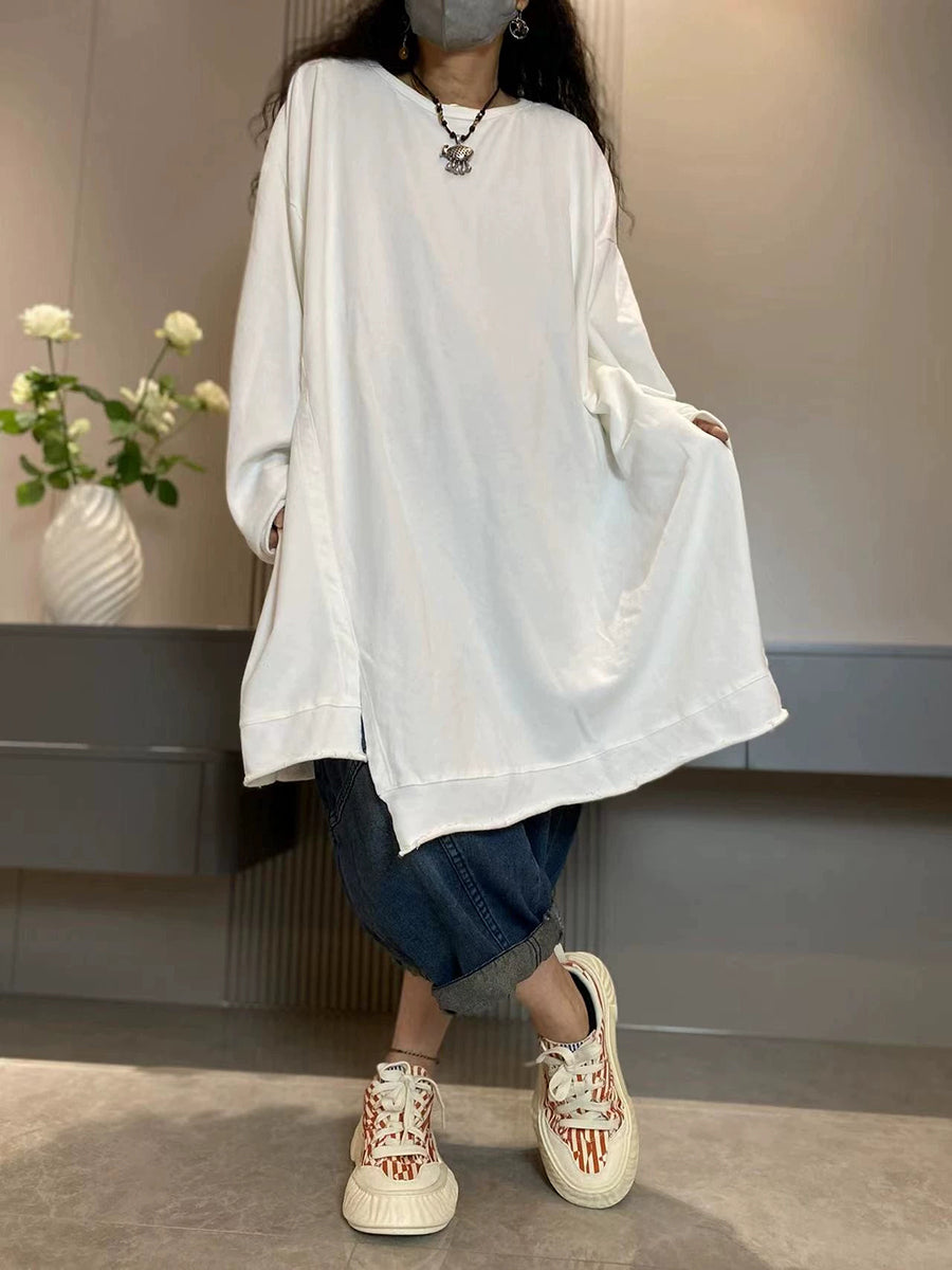 大尺碼女休閒秋季純色圓領棉質長襯衫
