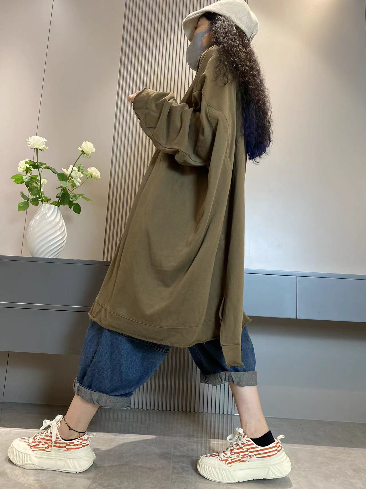 大尺碼女休閒秋季純色圓領棉質長襯衫