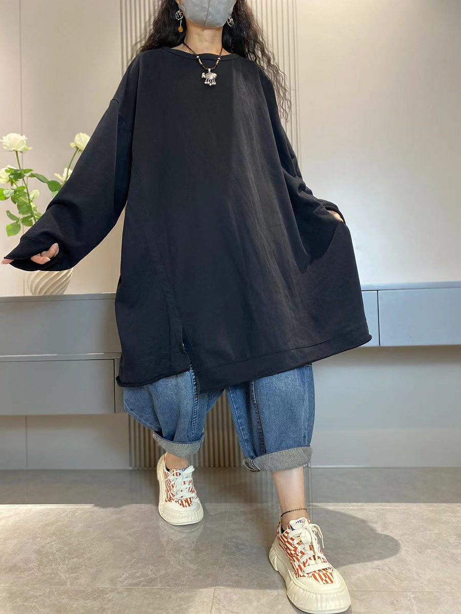 大尺碼女休閒秋季純色圓領棉質長襯衫
