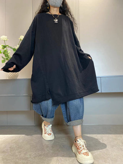大尺碼女休閒秋季純色圓領棉質長襯衫