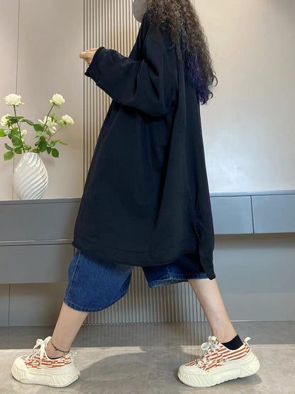 大尺碼女休閒秋季純色圓領棉質長襯衫