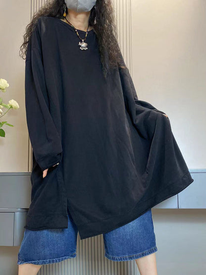 大尺碼女休閒秋季純色圓領棉質長襯衫