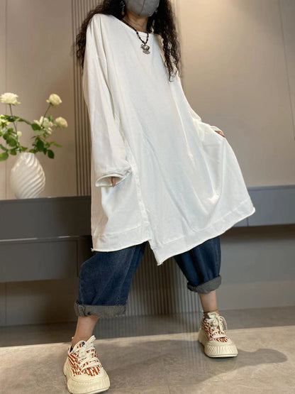 大尺碼女休閒秋季純色圓領棉質長襯衫