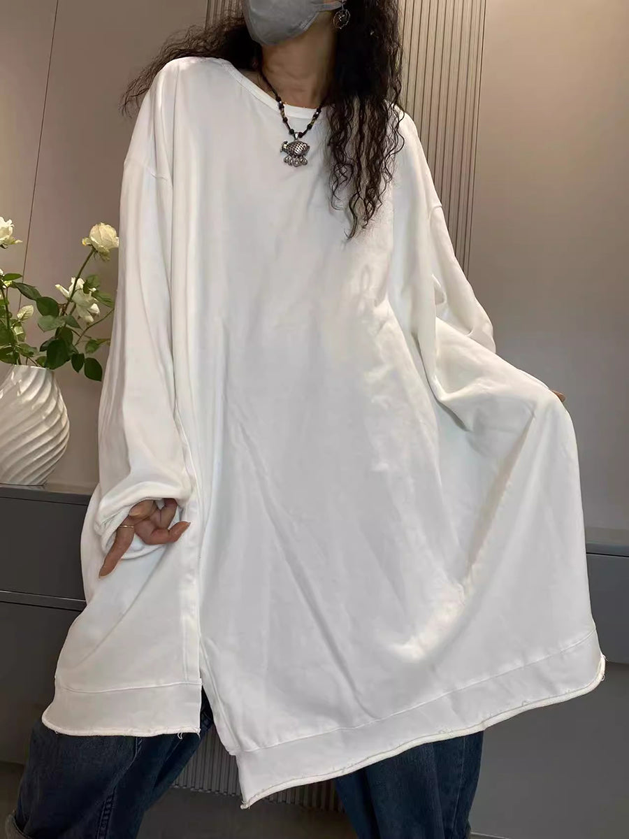 大尺碼女休閒秋季純色圓領棉質長襯衫