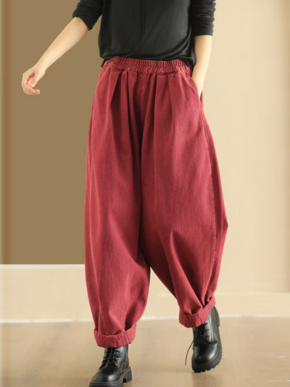 Plus Size Women Autumn Retro Pure Color Cotton Harem Pants