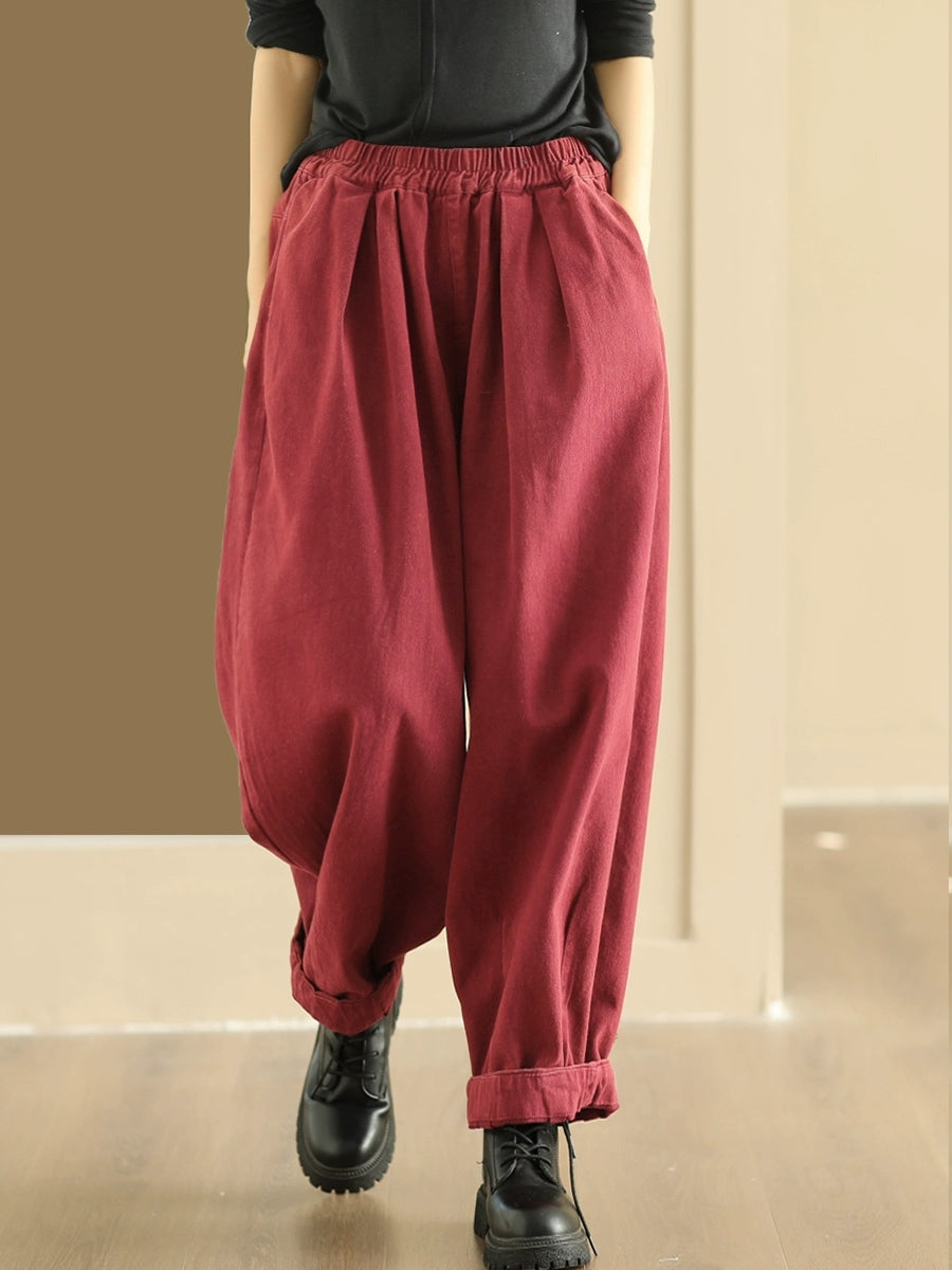 Plus Size Women Autumn Retro Pure Color Cotton Harem Pants