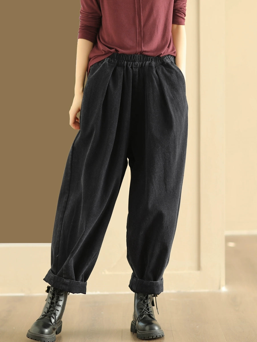 Plus Size Women Autumn Retro Pure Color Cotton Harem Pants