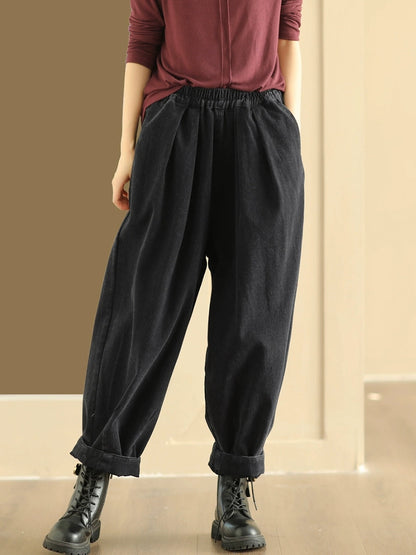 Plus Size Women Autumn Retro Pure Color Cotton Harem Pants