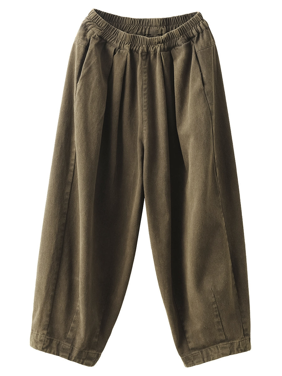 Plus Size Women Autumn Retro Pure Color Cotton Harem Pants