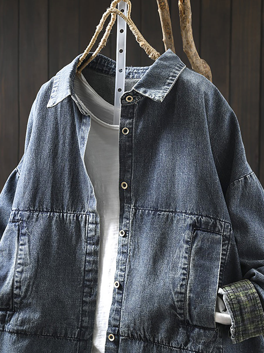 Plus Size Women Vintage Autumn Turn-down Collar Denim Shirt Coat