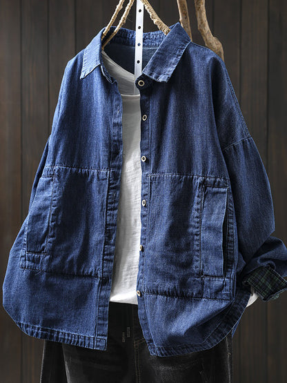 Plus Size Women Vintage Autumn Turn-down Collar Denim Shirt Coat