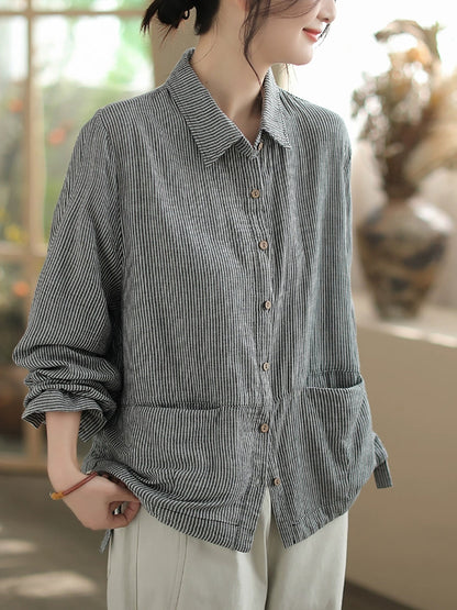 女款秋季條紋翻領純棉襯衫