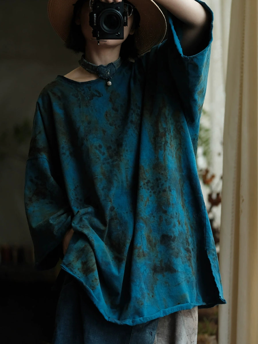 女士秋季復古圓領染染棉質襯衫