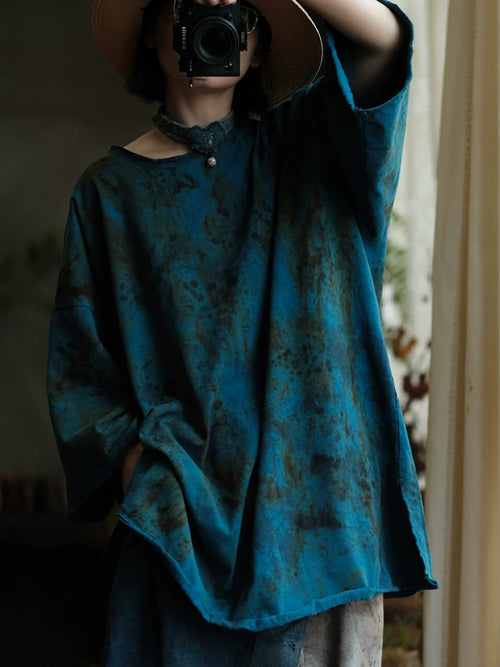 女士秋季復古圓領染染棉質襯衫