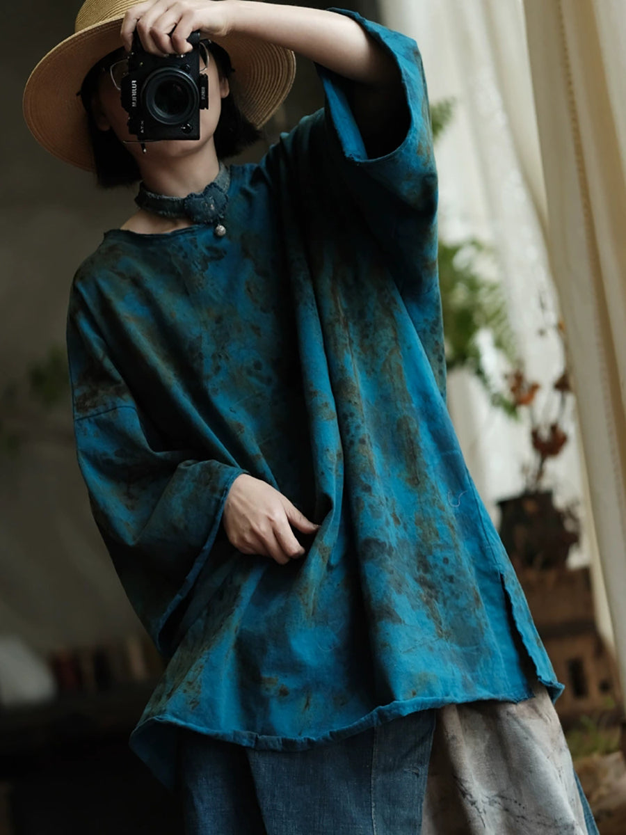 女士秋季復古圓領染染棉質襯衫