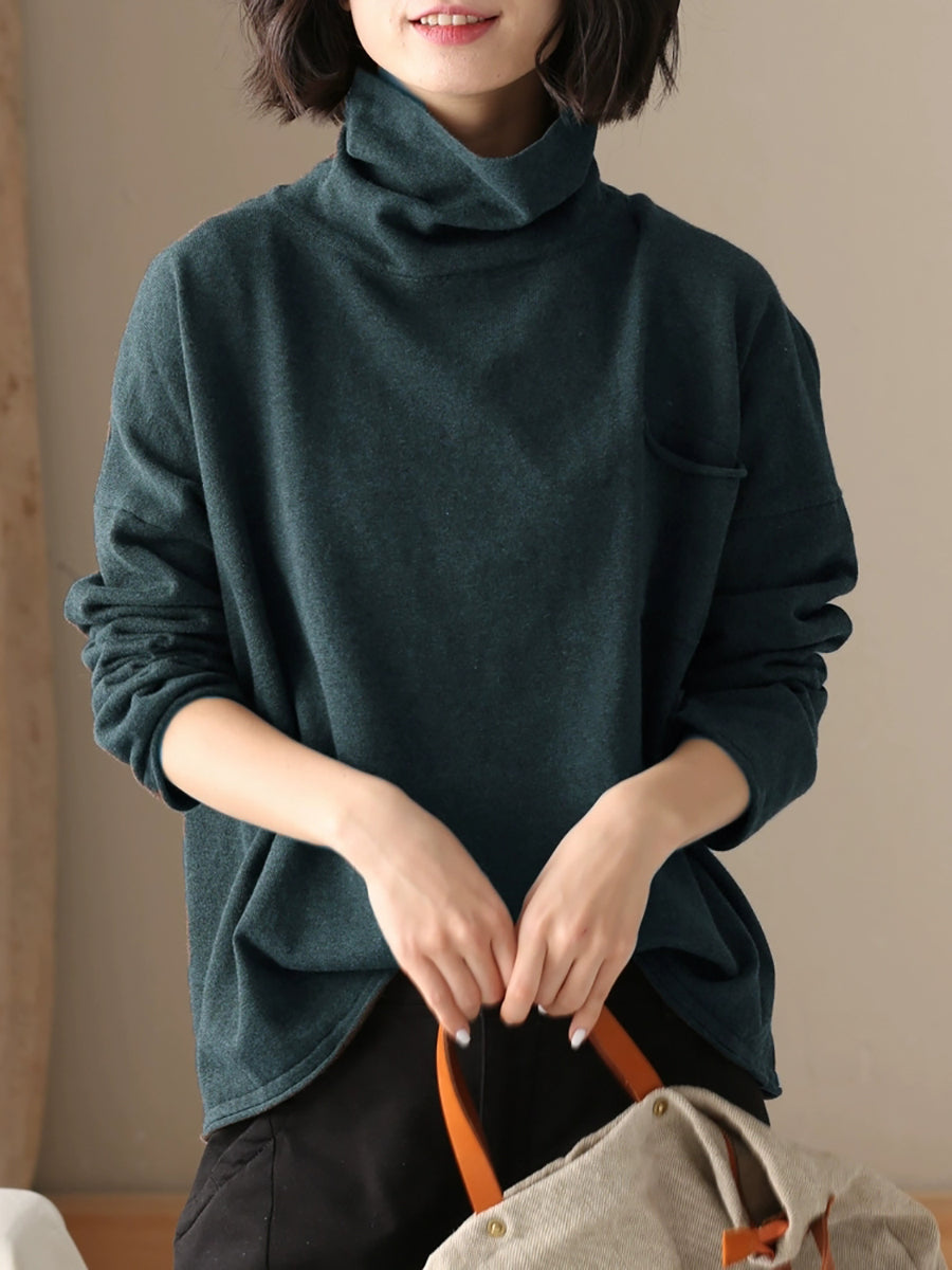 女士秋季休閒純色100%純棉高領襯衫