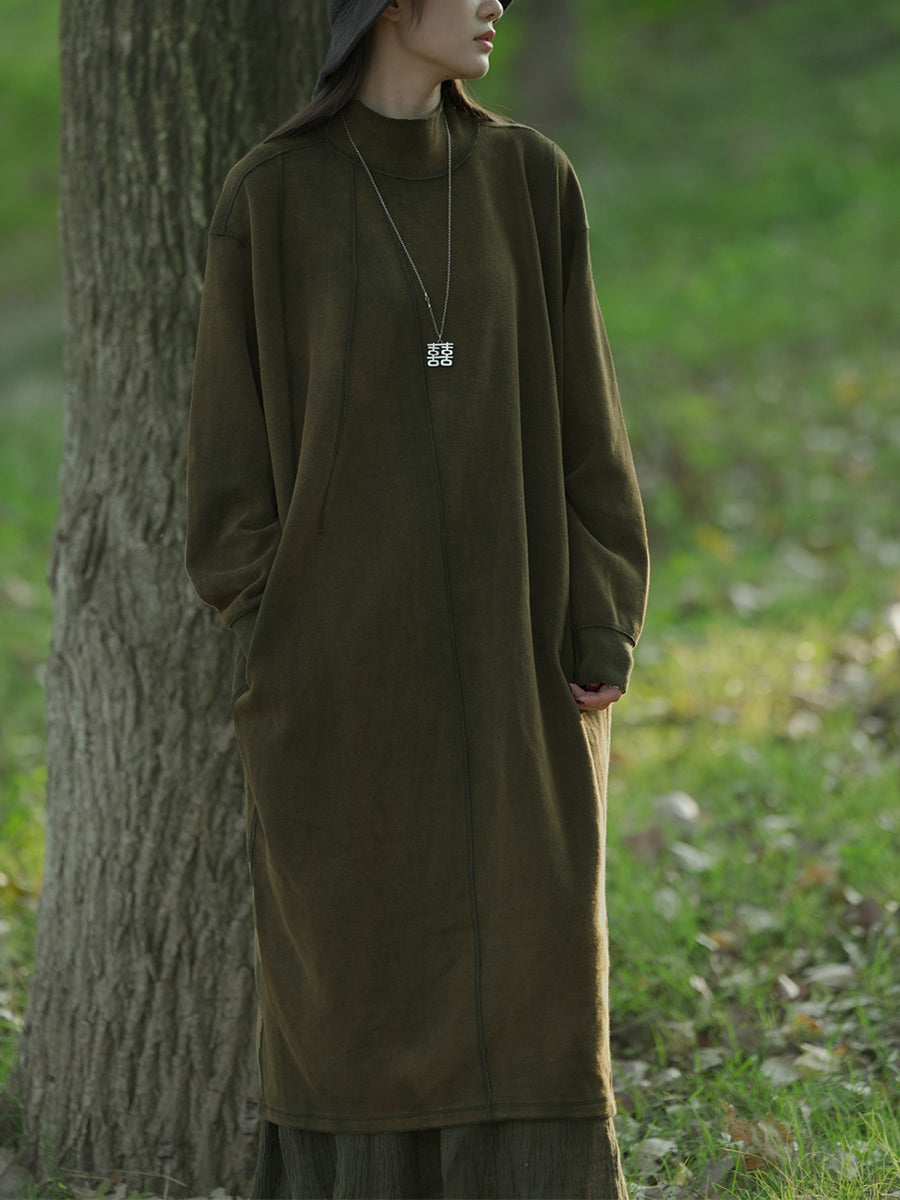 女士秋季休閒純色立領棉質連身裙