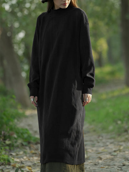 女士秋季休閒純色立領棉質連身裙